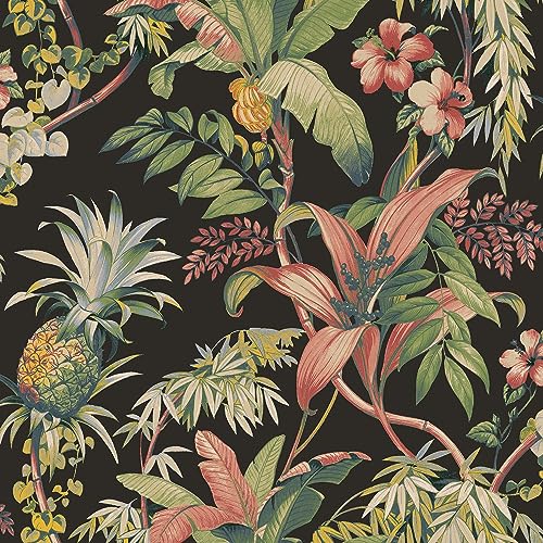 Image of Tommy Bahama - Peel and Stick Designer Wallpaper, Premium Botanical Wallpaper for Bedroom, Powder Room, Kitchen, Self Adhesive, Vinyl, 30.75 Sq Ft Coverage (Malay Botanic Collection, Ebony)