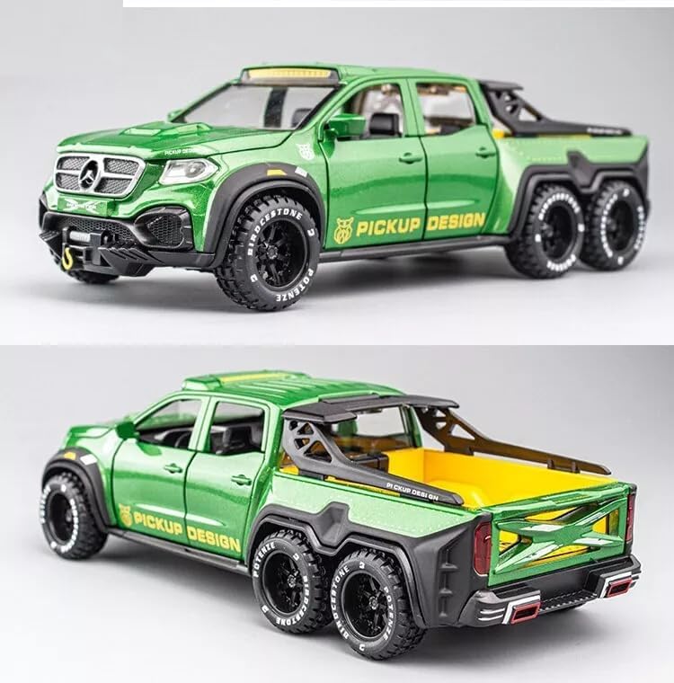 Image of 1:28 Pickup X-Class Model Car Diecast Zinc Alloy Pull Back Toy with Sound & Light Realistic Design Durable Kids Toy for Boys & Girls Collectible Gift 3+ Years (Green)
