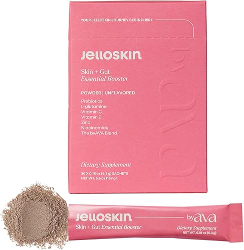 byAVA Jelloskin Skin + Gut Essential - Polvo de refuerzo prebiótico | L-glutamina 1500 mg, vitamina C, zinc, niacinamida | 30 porciones | Piel
