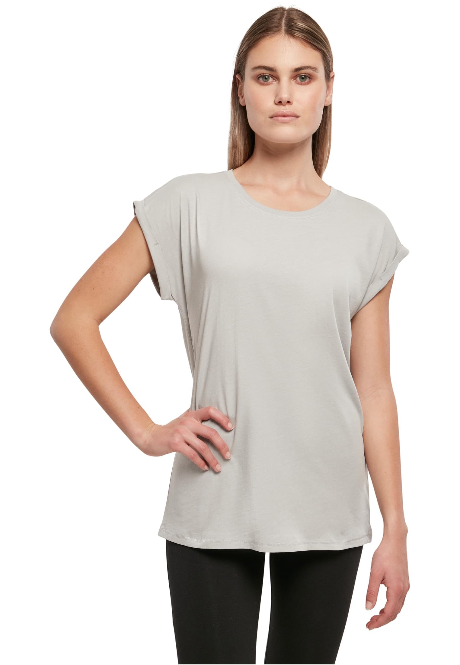 Build your Brand Women's Extended Shoulder Tee, Light Asphalt, XS
