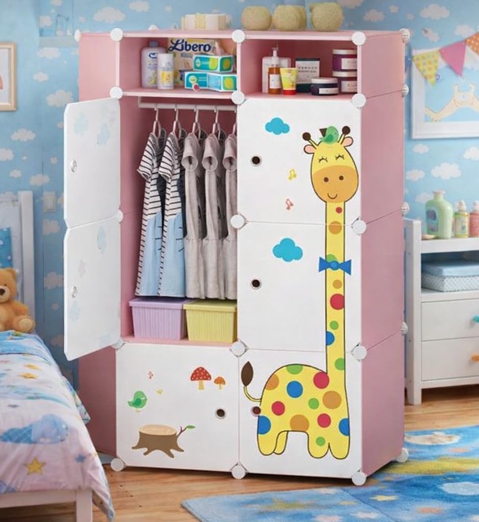 EXVITO Collapsible Kids Wardrobe Closet Storage Cabinet with Doors – Door Foldable Modular Plastic Wardrobe Organizer for Bedroom & Baby Room for Kitchen,Home Office,Sink,Laundry (Dyno, 6+2 Door)