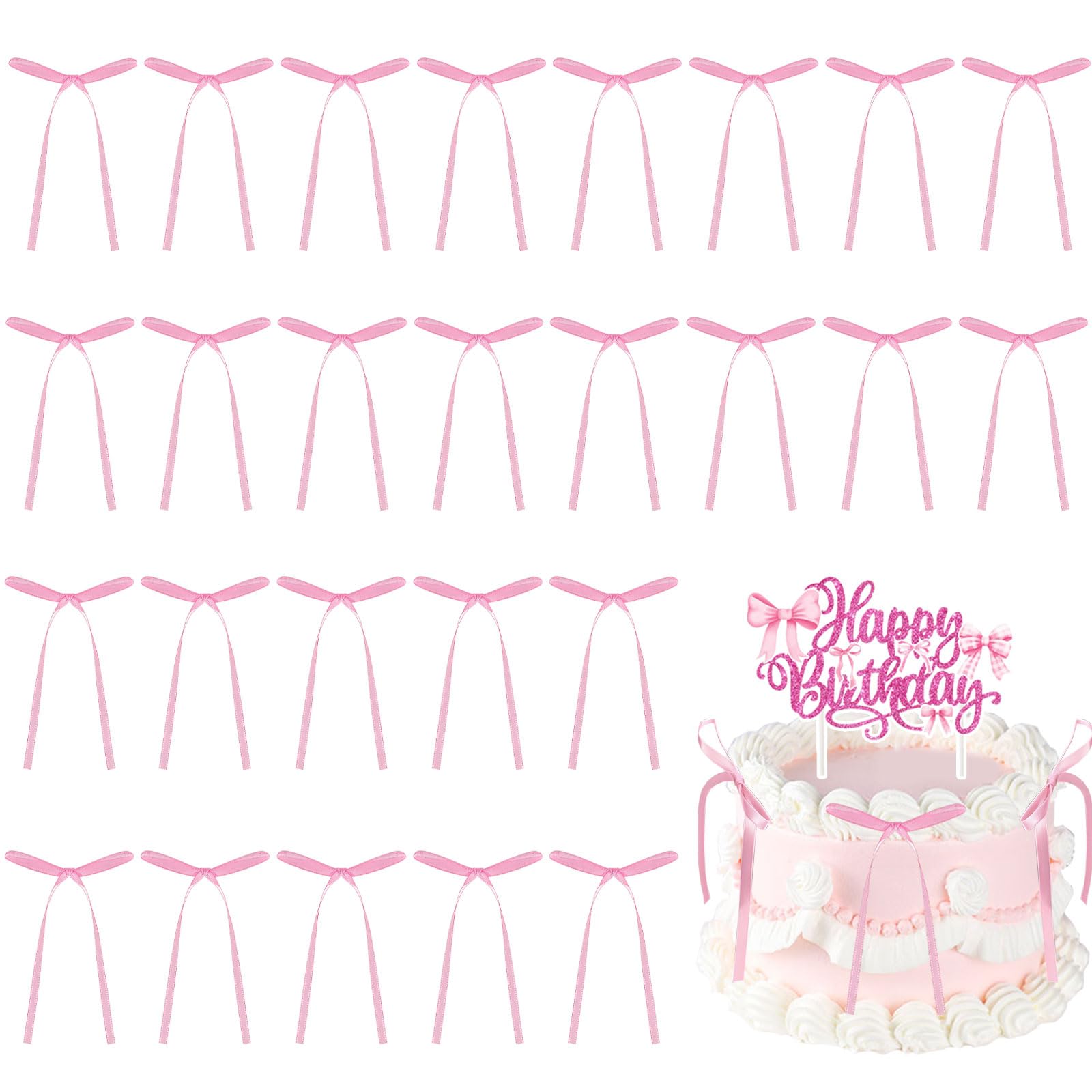 AYNKH 26Pcs Pink Bows Toppers Decorations for Cake, Personalised Bowknot Cake Toppers Cute Cake Happy Birthday Decorations for Girls Women Pink Birthday Theme Party Baby Shower Supplies