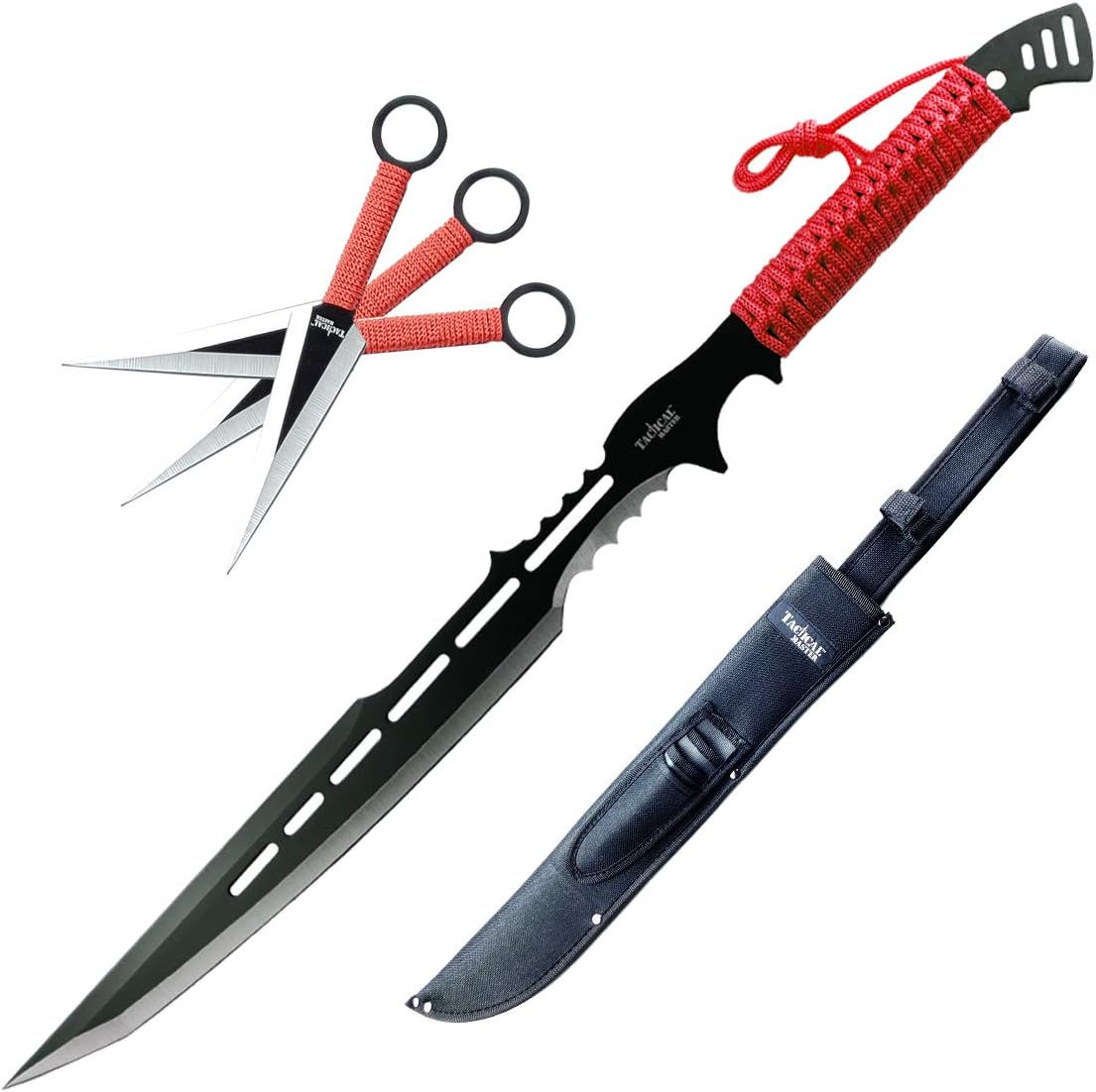3 Piece Stainless Steel Decorative Machete and Knife Set with Sheath – Outdoor Utility and Camping Display Collection for Adventure Enthusiasts and Collectors - Red