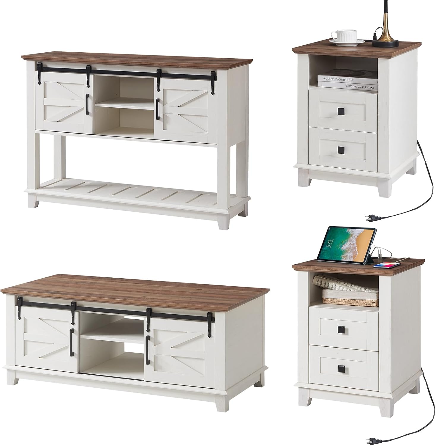 AMERLIFE Farmhouse 4-Piece Living Room Set, Entryway Console with Adjustable Shelves, Pair of 18" End Tables with Charging Station, Large Rectangular Coffee Table with Sliding Barn Doors, Rustic White