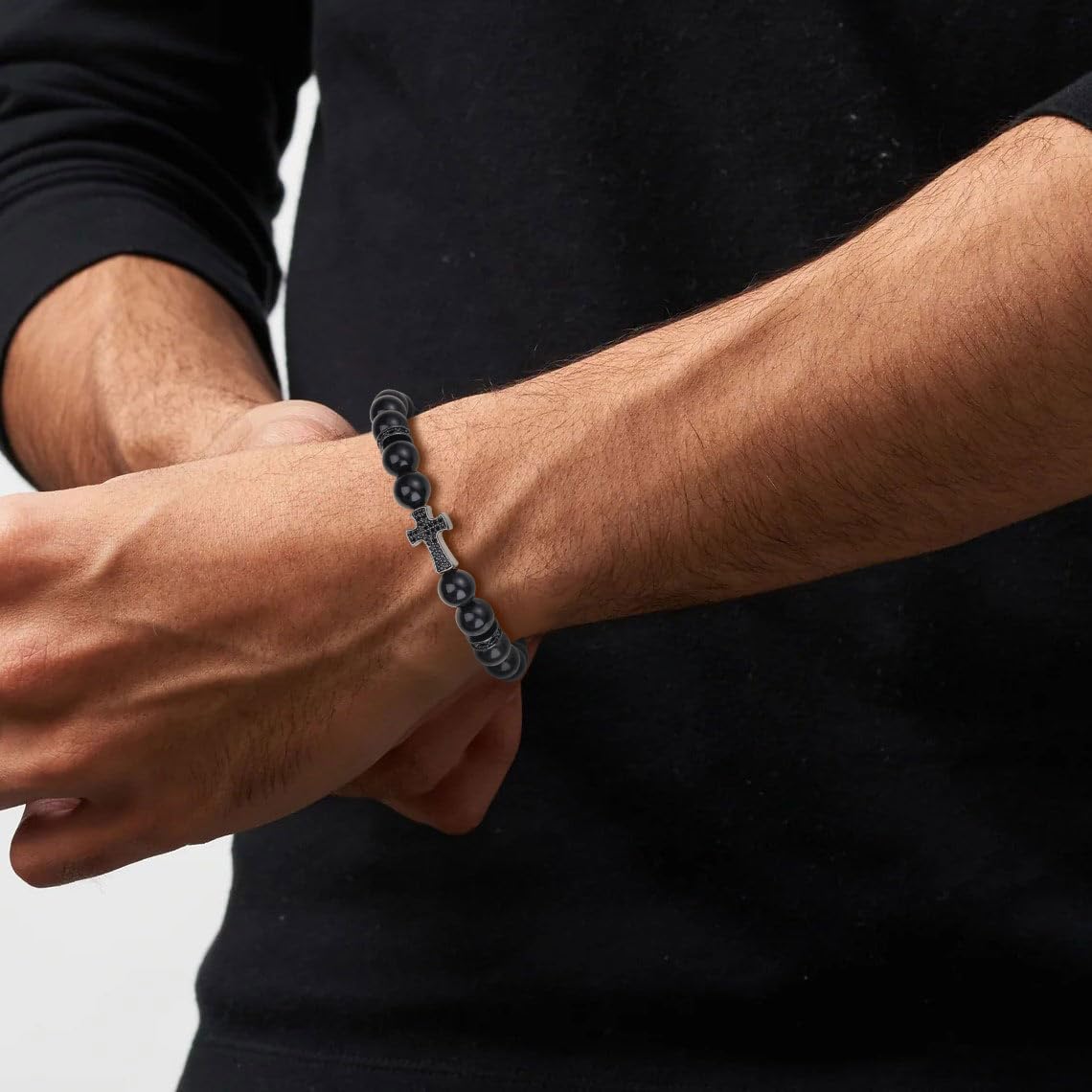 COAI Bracciale Croce da Uomo con Perline di Pietre Naturali, Bracciale Rosario da Uomo in Pietre Dure