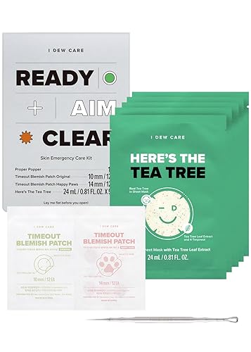 I DEW CARE Blemish Skincare Set – Ready Aim Clear | Mascarilla facial y parche para acné y herramienta para reventar espinillas, con aceite de árbol