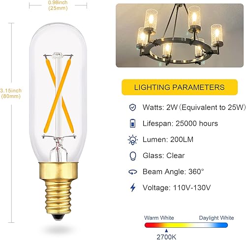 Miniatura 2 de Bombilla LED T6 regulable vintage, equivalente a 25 W  2 vatios, bombillas antiguas E12 Edison candelabro, 2700 K blanco cálido suave T8T25 lámpara