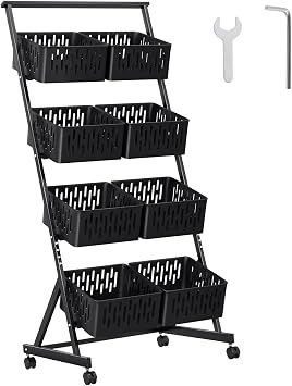 Fruit Vegetable Storage Basket, 4 Tier Stackable Mesh Storage Basket with 360 Degree Wheels, Basket Cart, Pantry Organizer Rack with Detachable Basket Black Four Layer