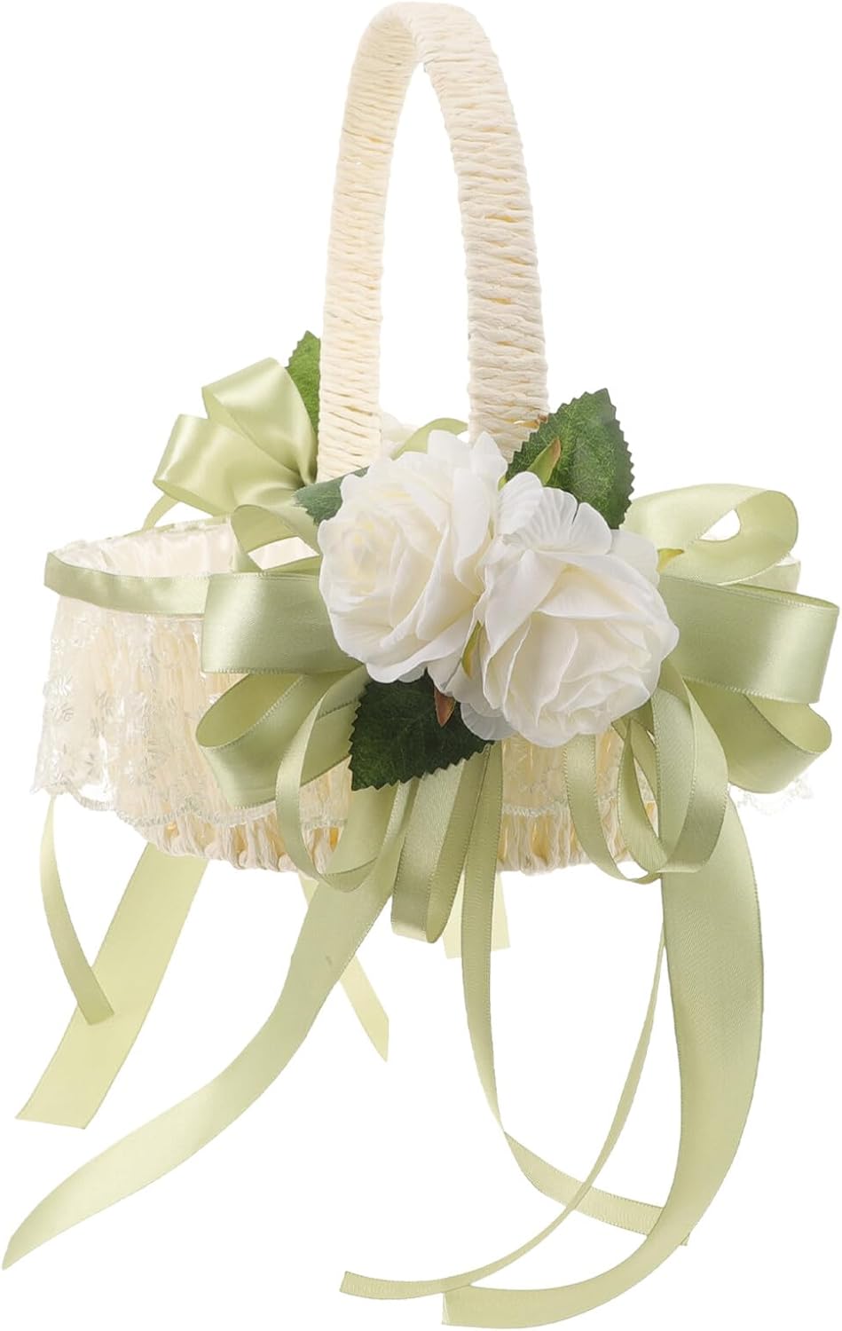 UKCOCO Wedding Flower Girl Basket White Lace Handheld Decorative Basket with Bow Romantic Rustic Wedding Party Ornament for Bridal Shower and Ceremony Supplies