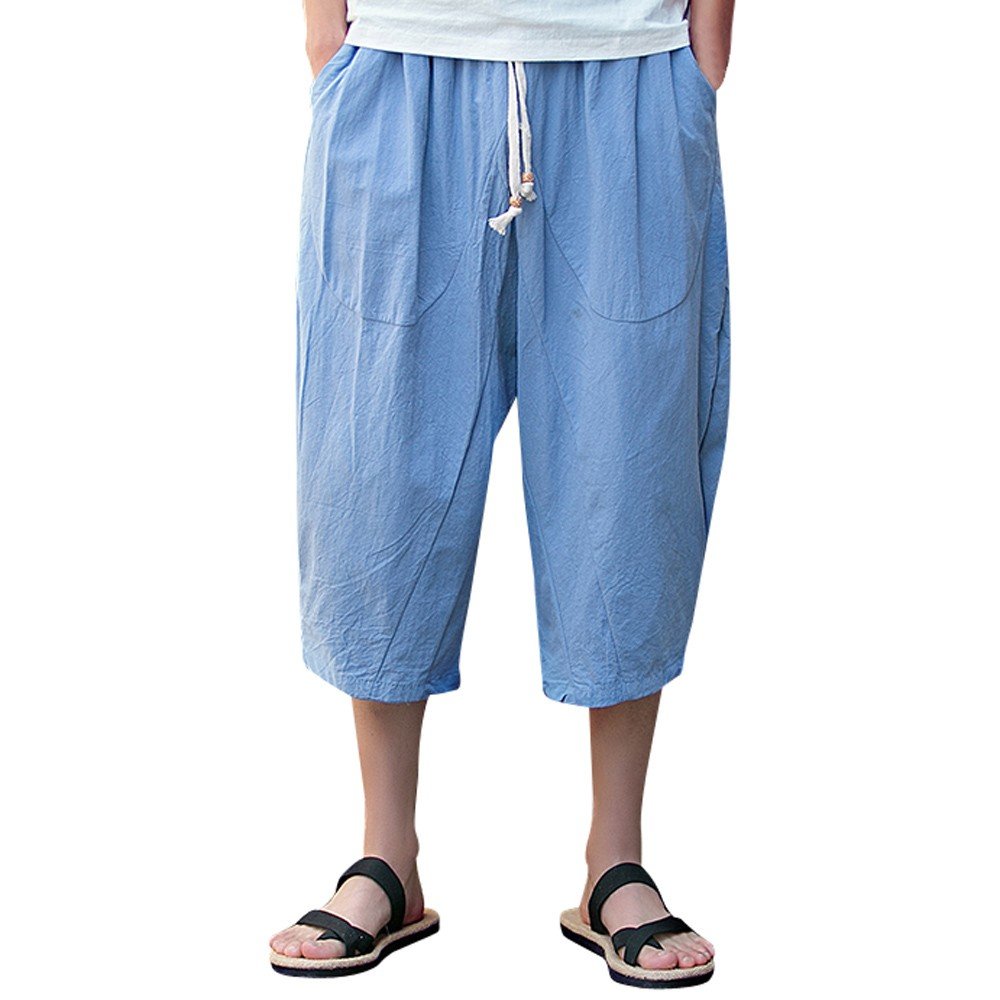 XUNRYAN Mens Cotton Linen Capri Pants Casual Drawstring Yoga Pants Baggy Harem Pants Wide Leg Beach Capris Summer