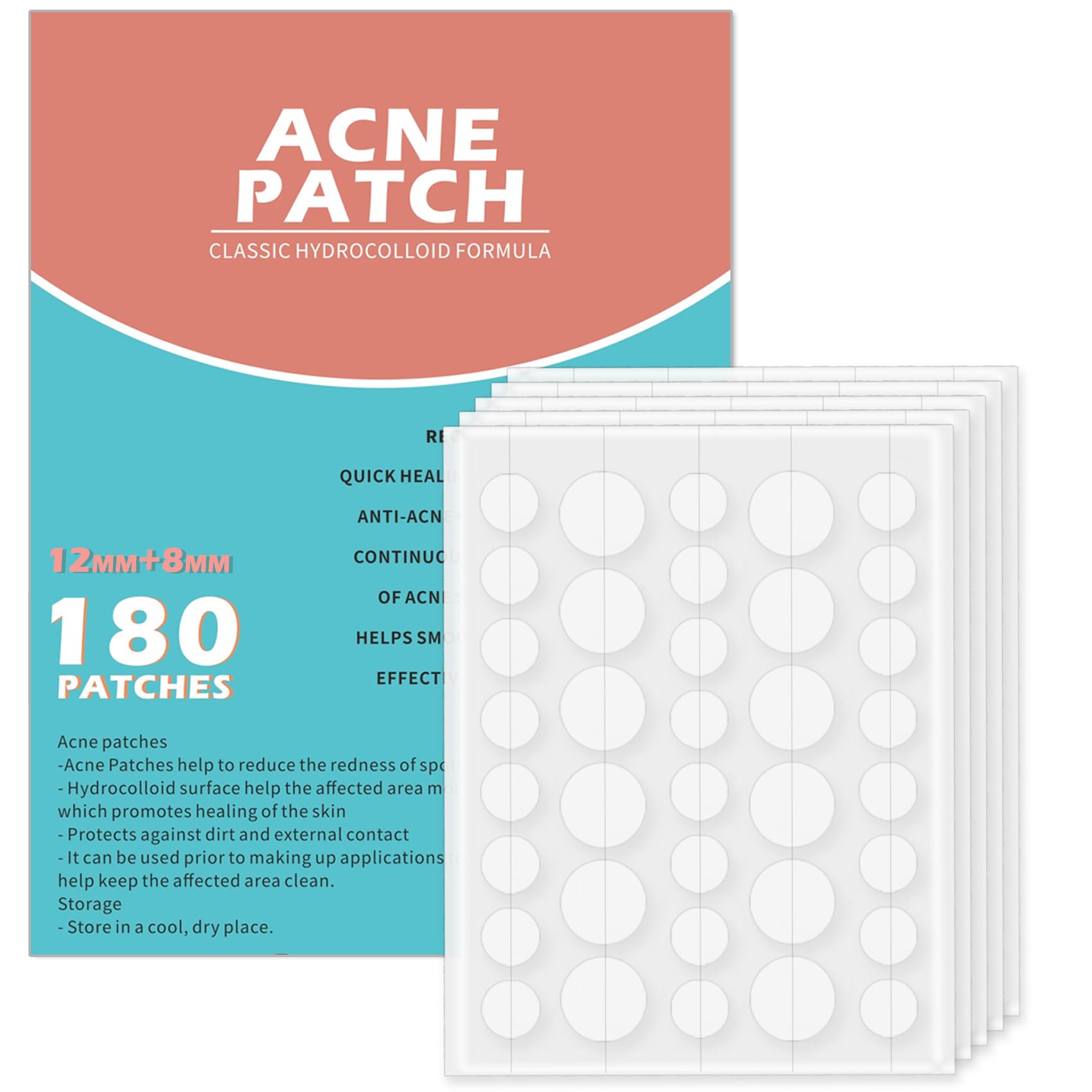 Rnitle Acne Patches[180 Pcs],Hydrocolloid Dressing Cover for Effective Calming and Relief of Acne,Pimple Patches,Spot Treatment Pimple Stickers,Facial Care(12mm&8mm)