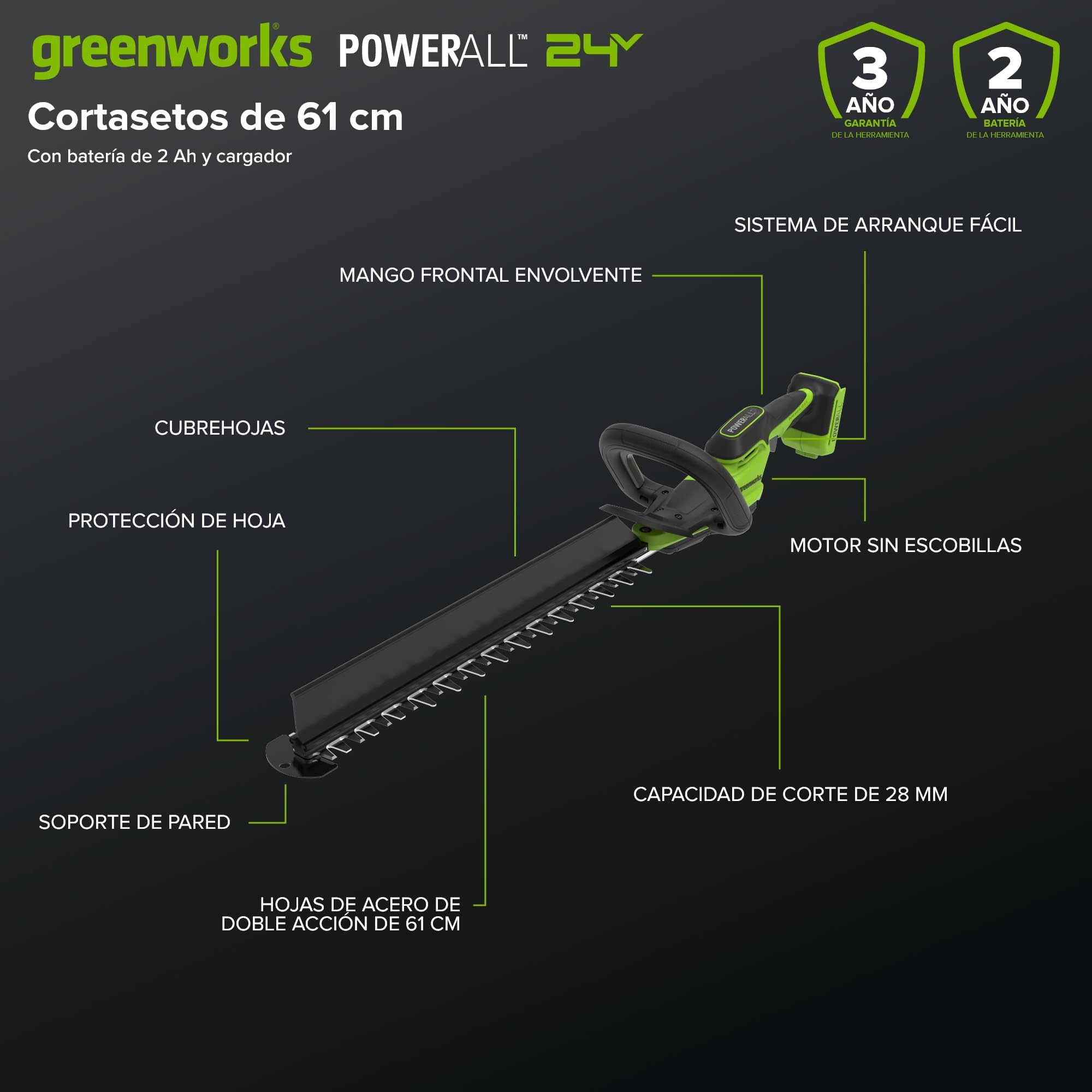 Greenworks Cortasetos a batería 24V 61 cm con batería incluida, Motor brushless, Cuchilla Doble acción 28 mm, Hedge Sweeper, Cargador HT6102A2