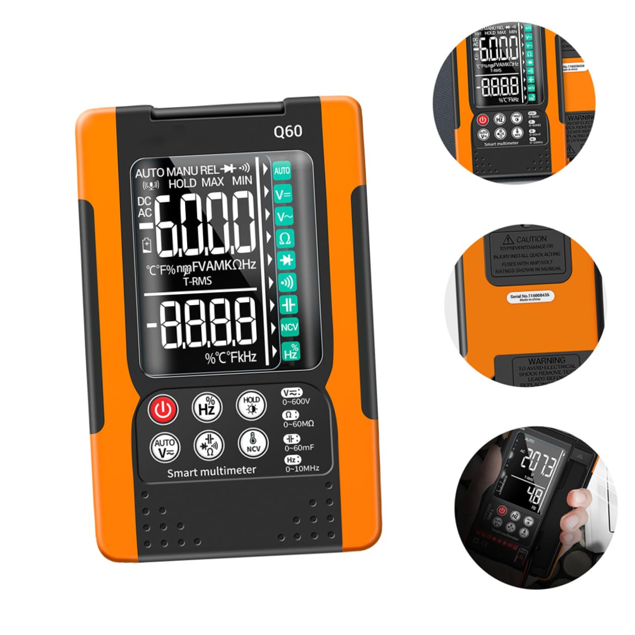 Yardwe Portable Q60 Digital Multimeter with Auto-ranging, True Effective Value Voltage Current Tester, Ncv Non-Contact Voltage Detector, Diode and Continuity Test, Backlit Display,