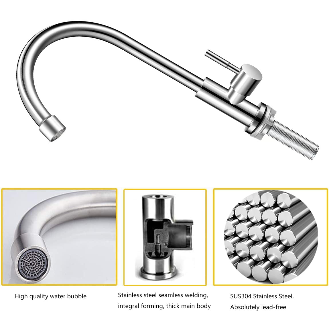 Grifo de agua fría solamente, grifo de cocina de agua fría de un solo agujero, níquel cepillado, grifo frío de acero inoxidable para cocina. Al aire libre (tuerca de acero inoxidable, varilla roscada