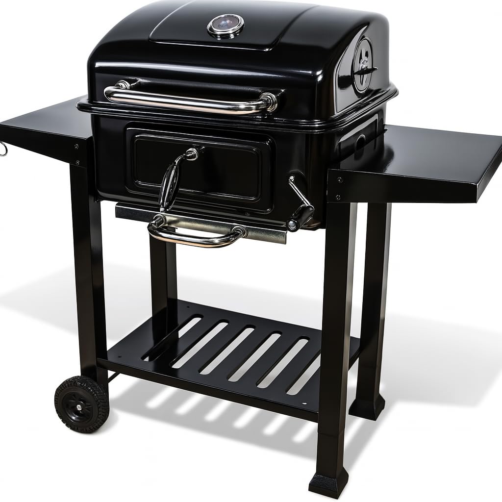 Barbecue Grill Large Portable Charcoal Coal BBQ Smoker with 2 Side Table, Built-in Thermometer, Adjustable Charcoal Pan & Chimney, Wheels, Warming Rack for Outdoor Home Garden Party Patio Cooking