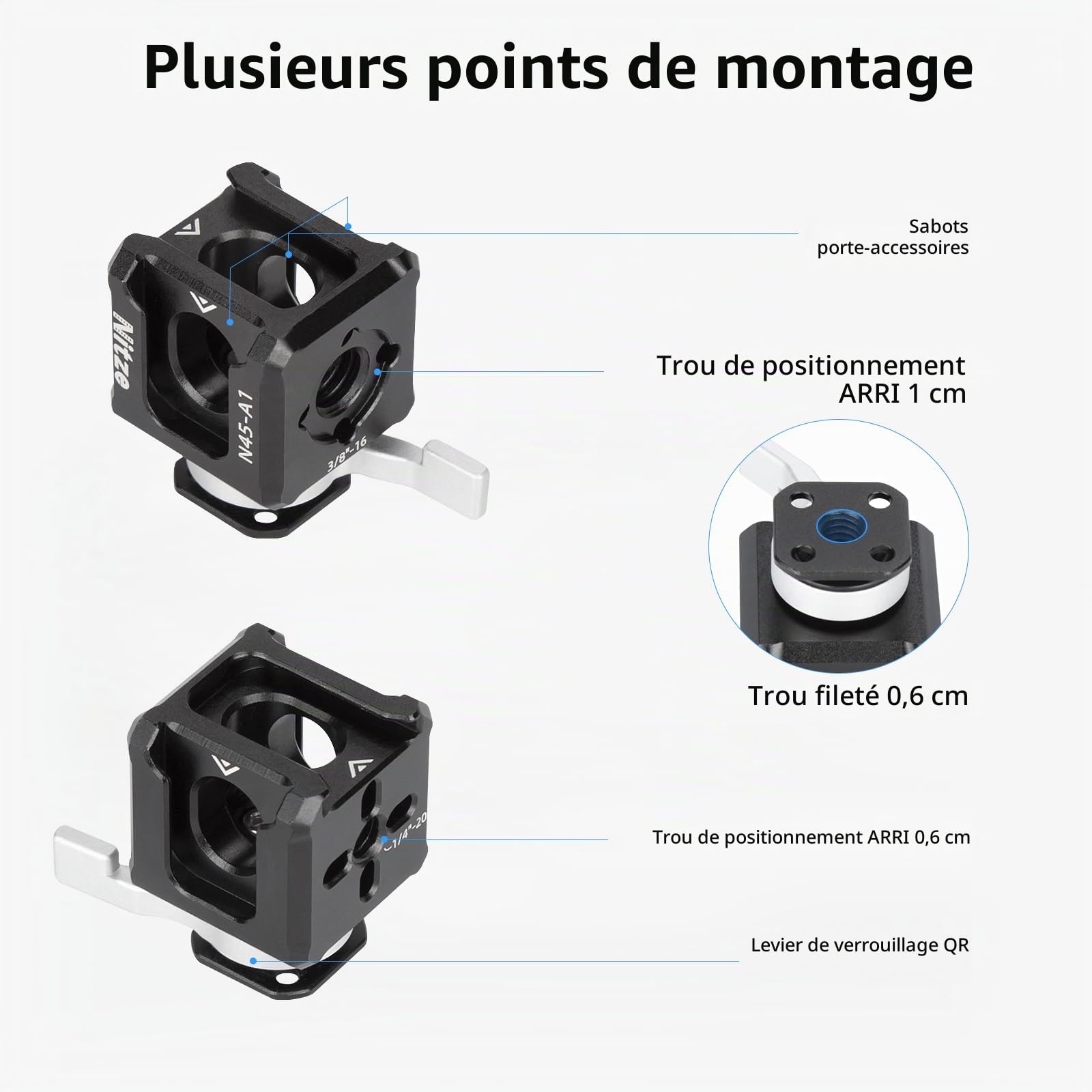 Nitze Adaptateur Cold Shoe Triple avec Trou Fileté de 1/4", Trous de Positionnement Arri de 1/4" et 3/8", pour Caméra Support de Moniteur, Bras Magique, Lumière LED et Microphone - N45-A1