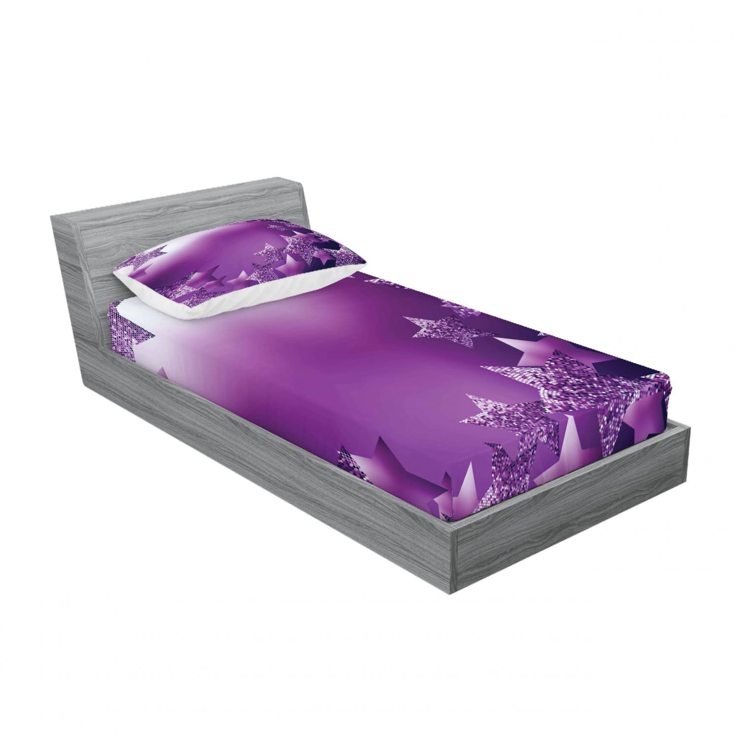 Ambesonne Christmas 2 Pack Fitted Sheet & Pillow Sham Set, Xmas Stars Backdrop, 4 Pcs Bedding Decor, Package Contains 2 Twin Size Fitted Sheets & 2 Pillow Covers, Purple