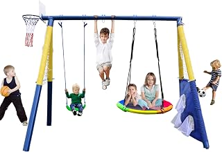 Hisecome 440lbs 2 Seat Swing Set for Backyard, 1 Saucer Swing Seat & 1 Belt Swing Seat & Basketball Hoop and Soccer Goal with Heavy Duty A-Frame Metal Swing Stand Outdoor Playset for Kids