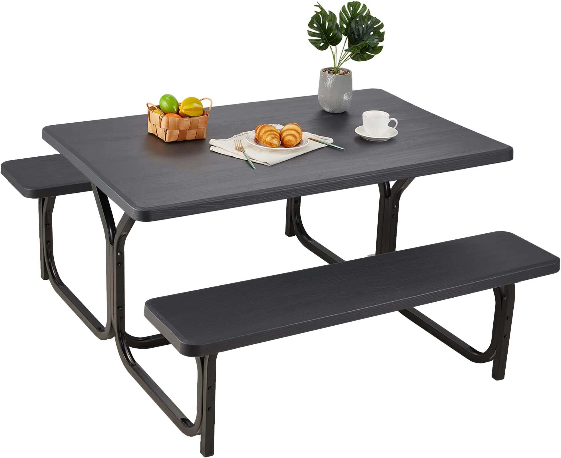 Haddockway Picnic Table Bench Set Patio Camping Table with All Weather Metal Base and Plastic Table Top Outdoor Dining Garden Deck Furniture for Adult Black