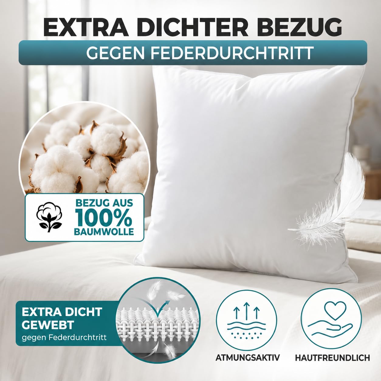 Daunenkissen 80x80 – 3-Kammer, Fest 1700g | Federkissen 100% Daunen & Federn, 100% Baumwollbezug, Oeko-Tex geprüft, allergikerfreundlich, DE-zertifiziert – 80x80, 1700g