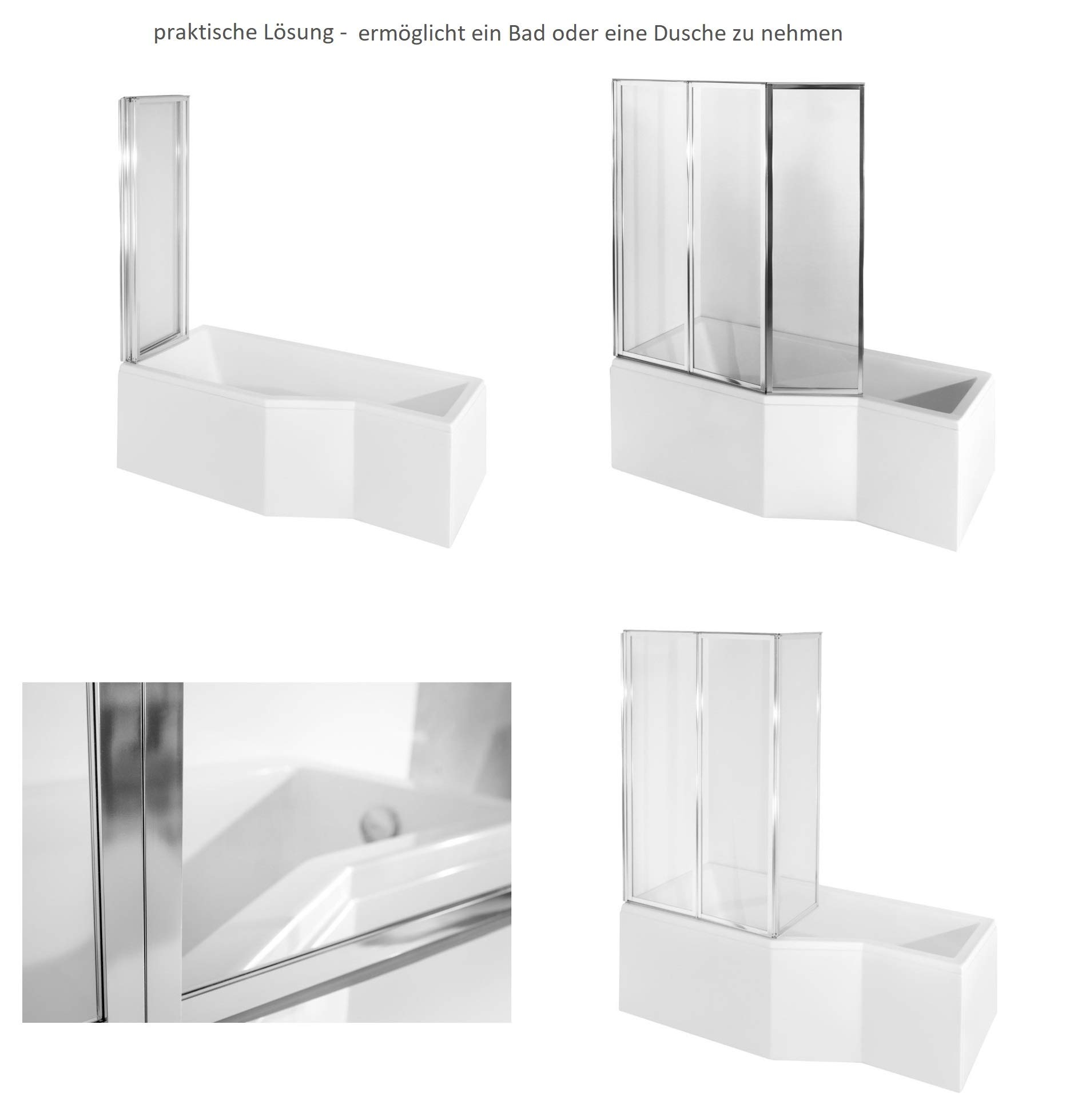 ECOLAM Duschbadewanne Set Badewanne + Badewannenabtrennung Duschwand Eckbadewanne Integra 170x75 cm LINKS Acryl weiß + Schürze Ablaufgarnitur Ab- und Überlauf Automatik Füße Silikon raumsparend
