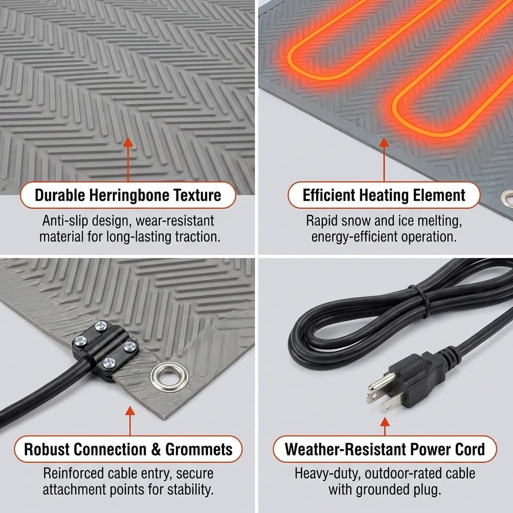 RHS Electric Heated Snow Melting Walkway Mat – Commercial Grade Herringbone Pattern for Sidewalks & Entrances – Prevents Ice Formation – Melts 2" Snow/Hour (30-inches x 10-feet)