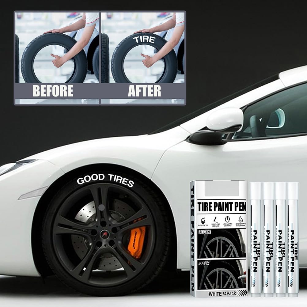 4er-Pack Weiße Reifenlackmarker, Schnell Trocknende, Lichtbeständige, Wasserfeste Tinte auf Ölbasis mit Innovativem Ventildesign für Auto-Gummireifenprofil-Detailarbeiten,