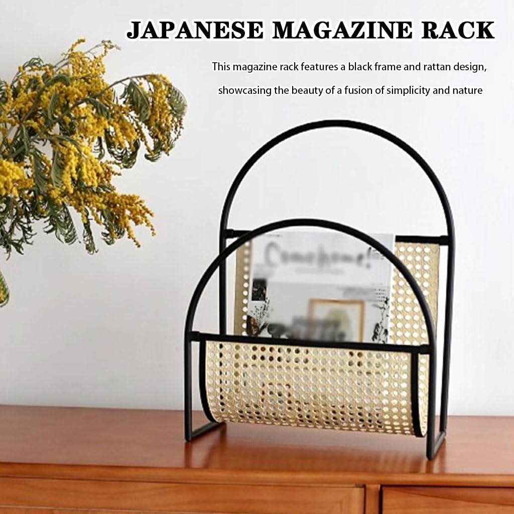 日本製籐編み新聞ラック - レトロなリビングルームの床装飾、ソファ収納雑誌スタンド、カフェ用