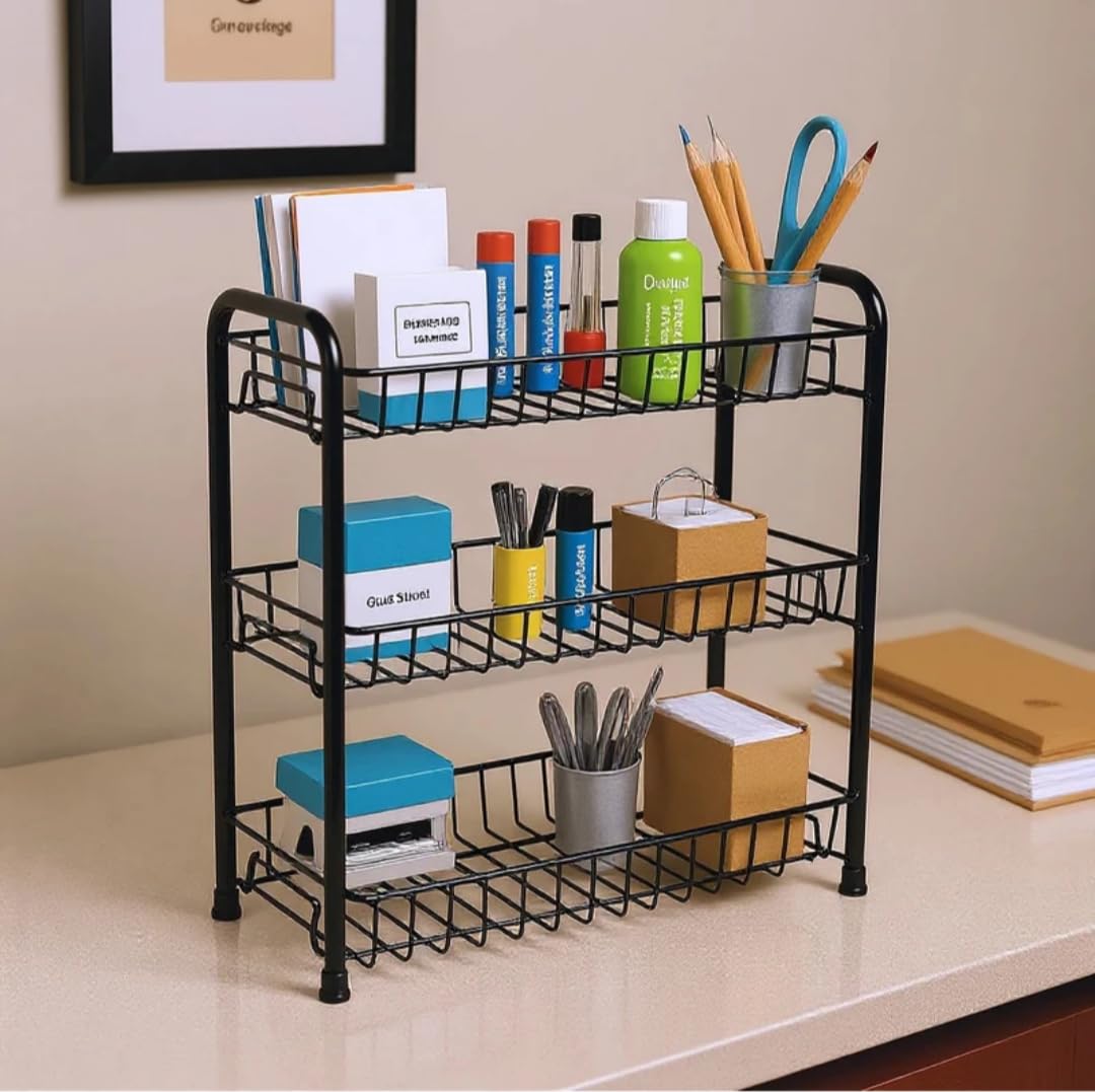 ProGrade 3-Tier Metal Desktop Organizer, Black Wire Mesh Storage Rack, Office Desk Supplies Holder, Multi-Purpose Stackable Shelves
