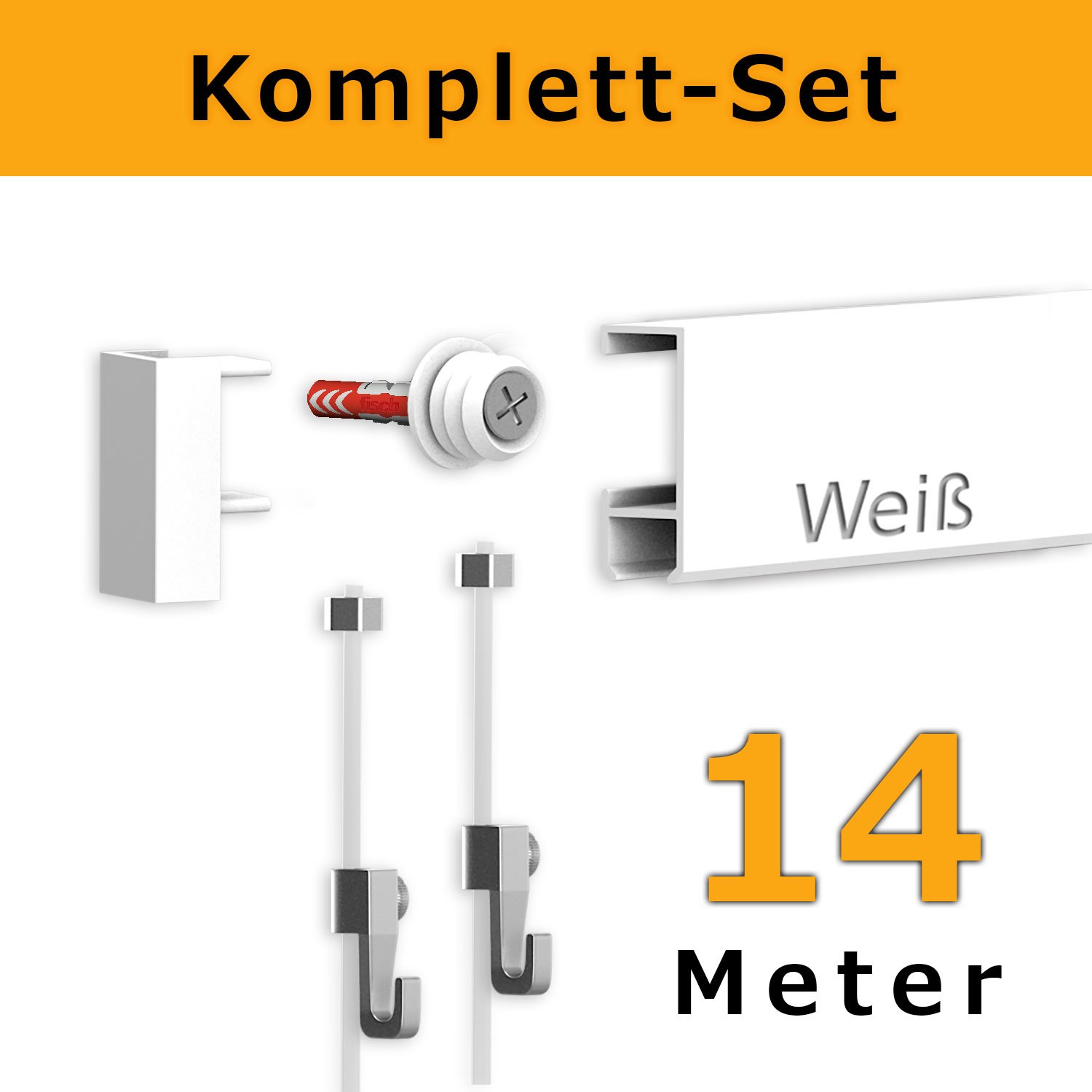 hang-it Komplettset - Galerieleisten Bilderleisten - 14 Meter inkl. Bilderhaken, Seile und Montagematerial