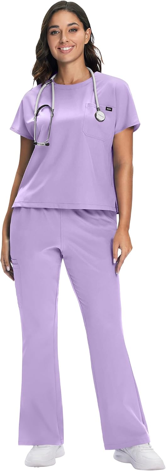 Scrub for Women Set - Round Neck Crop Scrub Top & Flare Leg Pants, Slim-Fit, 5-Way Stretch