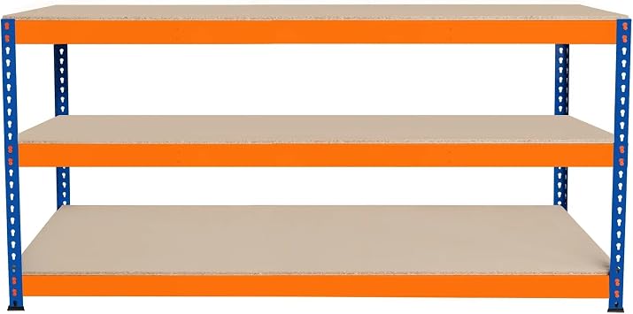 Garage Workbench S-Rax 3 Shelf 180cm x 60cm x 90cm Workstation Heavy Duty Steel Chipboard 300kg Capacity Per Shelf Adjustable Layout Boltless Assembly Rubber Feet 3 Reinforced Support Bars Warehouse