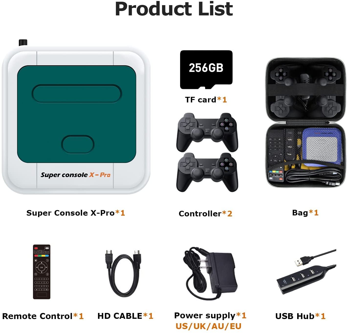 Image showing the Super Console X-Pro unit, two controllers, a 256GB TF card, remote control, HD cable, power supply, USB hub, and a storage bag.