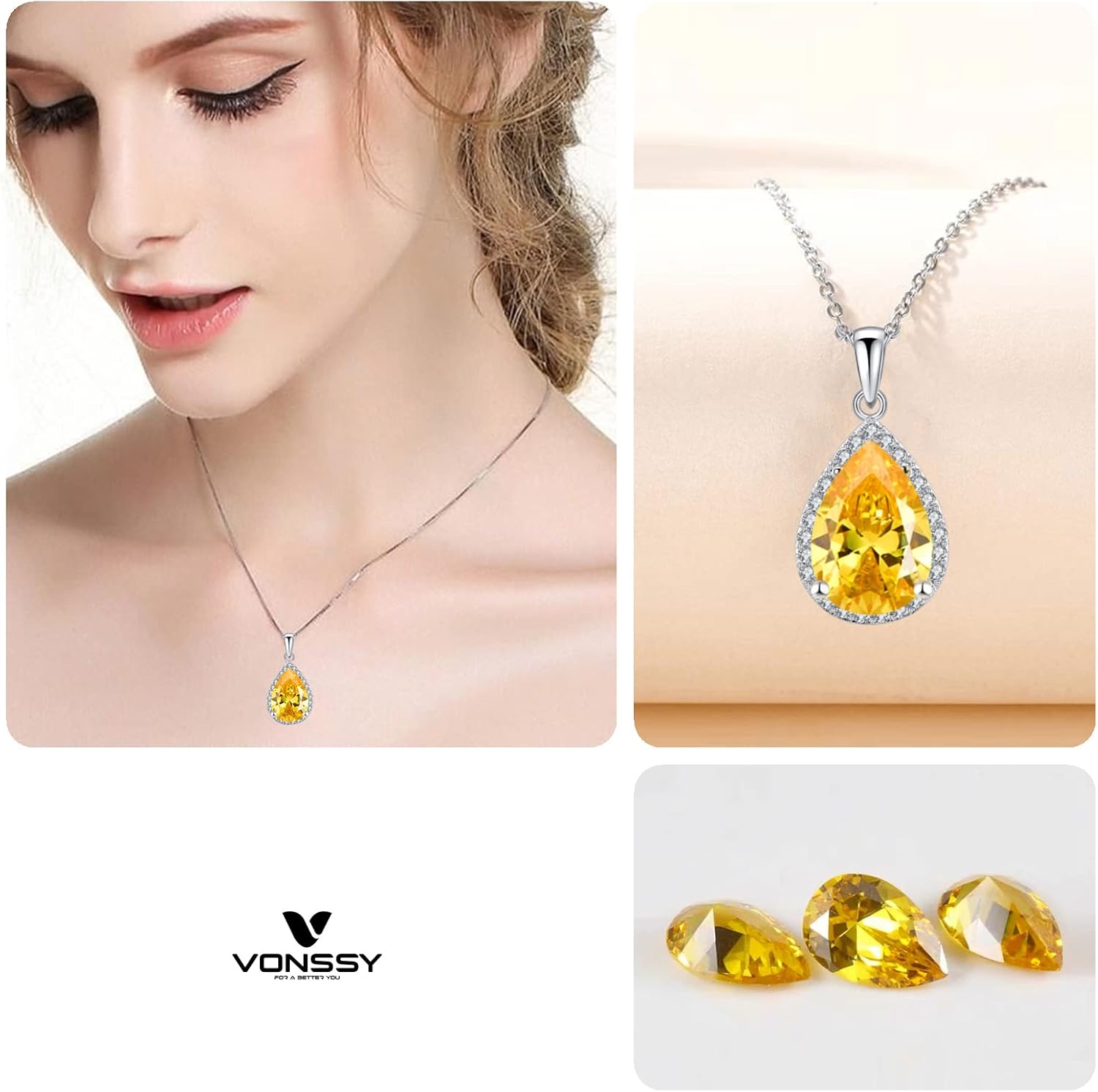 VONSSY Classic Oval Pendant Gemstone Necklace | Crystal Ruby Sapphire Waterdrop Birthstone Teardrop Emerald Necklace | 18K Platinum Gold Plated Chain | Jewelry Gift for Mother Wife Girlfriend