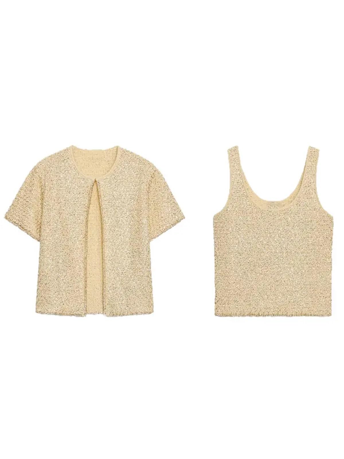 Gilet Sans Manche Femme Cardigan en tricot à paillettes for femme, col rond, manches courtes, boutons, sans, avec bretelles(Orange sets,S)