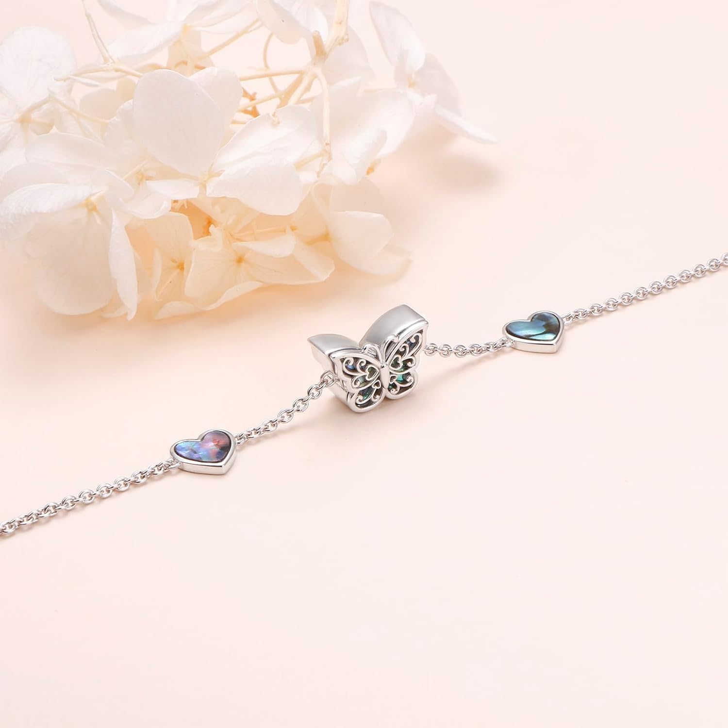 FLYOW 925 Sterling Silver Butterfly Bracelet of Memorial Keepsake Cremation Urn Bracelet for Ashes for Women Adjustable Chain 7+2 Inch Easter Day of the Dead Presents