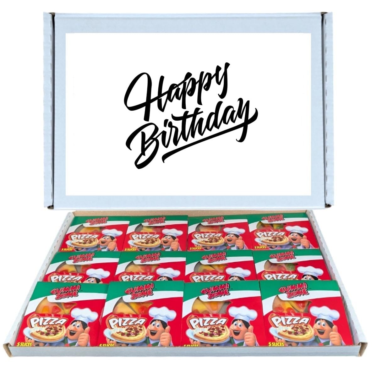 Happy Birthday Leckerli-Box | Gummizone leckere Pizza | lustige & fruchtige Pizza-förmige Gummibärchen (12 Boxen)