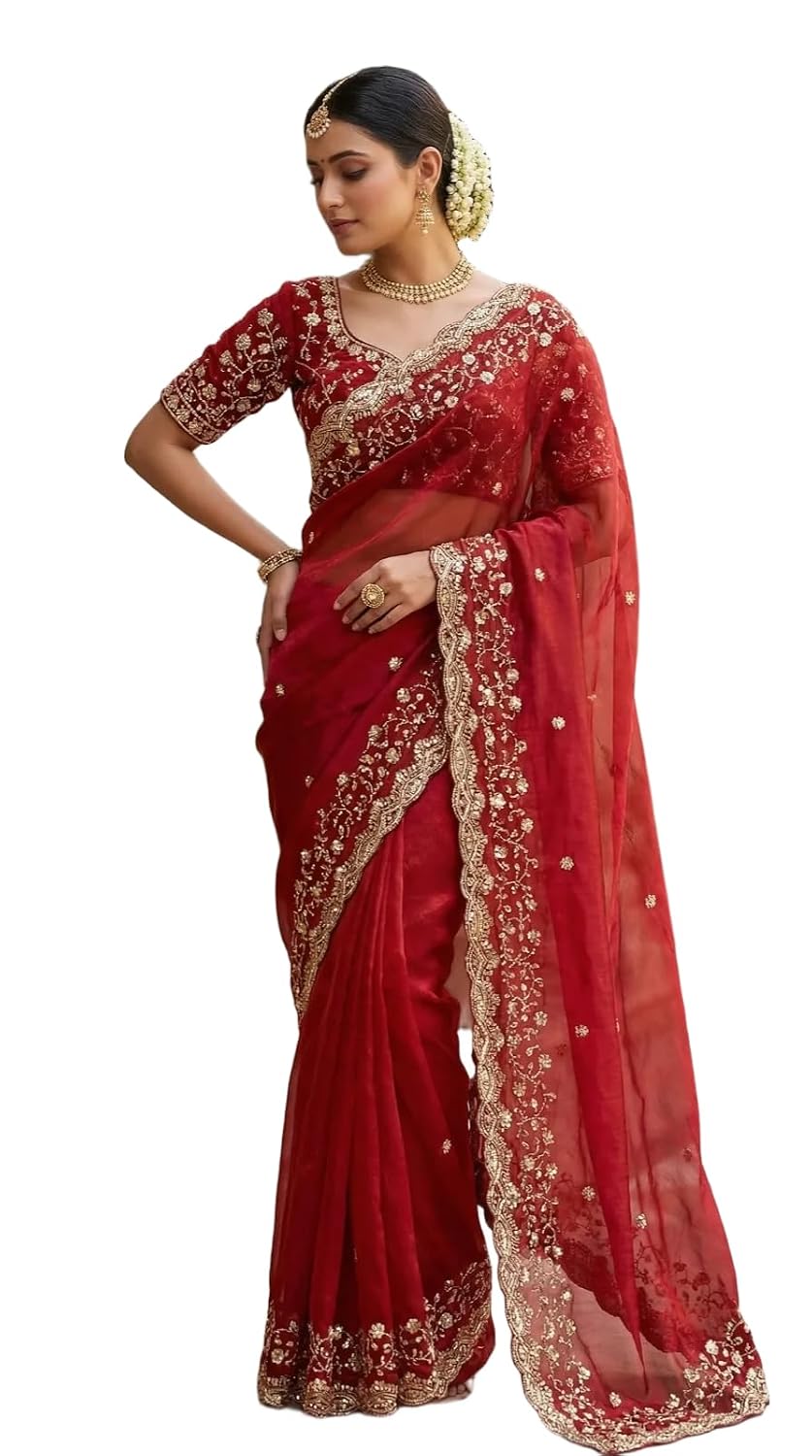flysta Designer Space Silk Saree With Golden Beads Work And Cutwork Border With Heavy Embroidered Blouse For Women