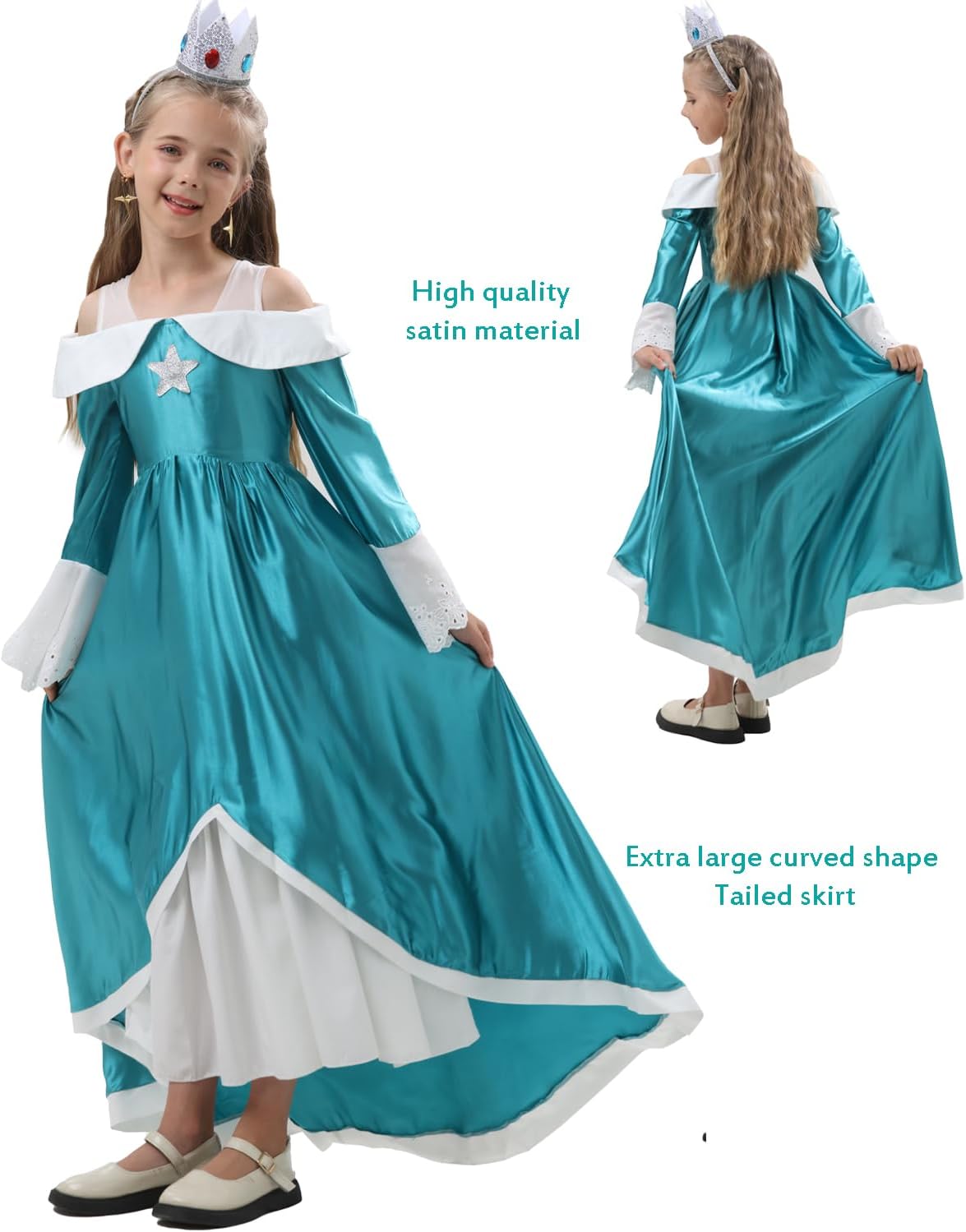 Girl Galaxy Princess Costume Kids Royal Cosplay Teal Dress Halloween Outfit