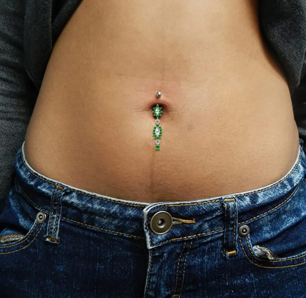 Cz Gemstones Double Studded Flower Dangling Design 925 Sterling Silver with Stainless Steel Belly Ring - Belly Button jewelry - Navel jewelry