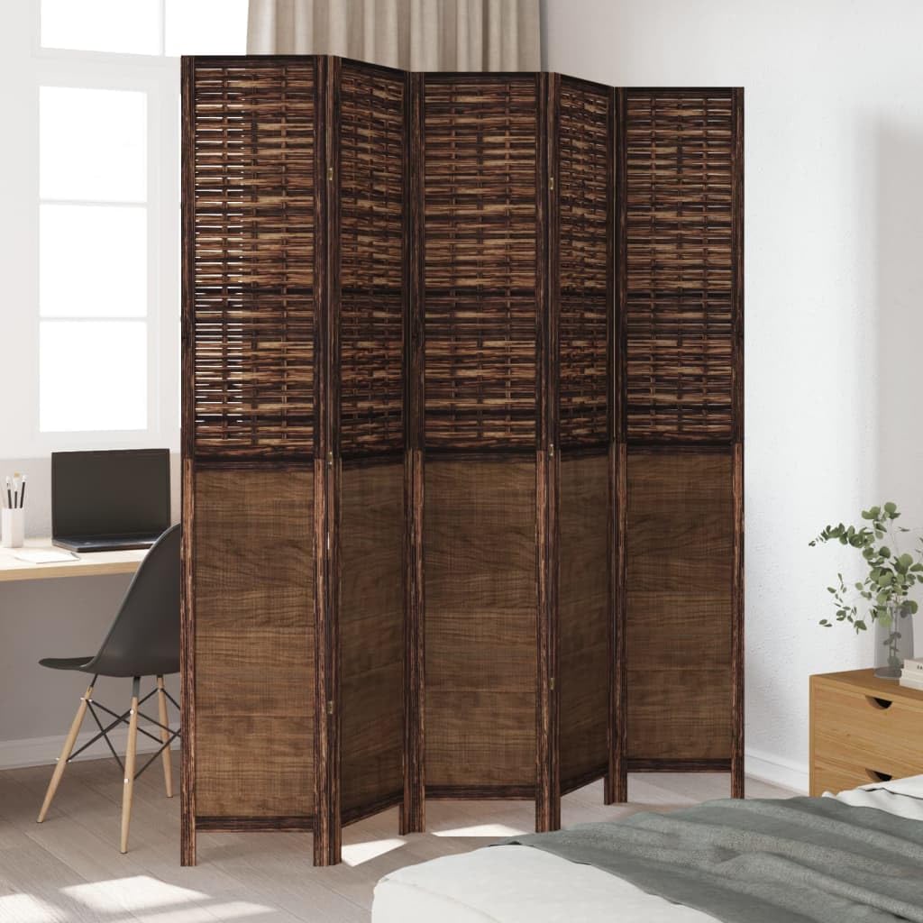 Divisorio 5 Pannelli in Legno e Bambù Marrone 180x220 cm | Separé pieghevole e autoportante ideale per camera da letto, soggiorno e ufficio. Design rustico effetto bruciato.