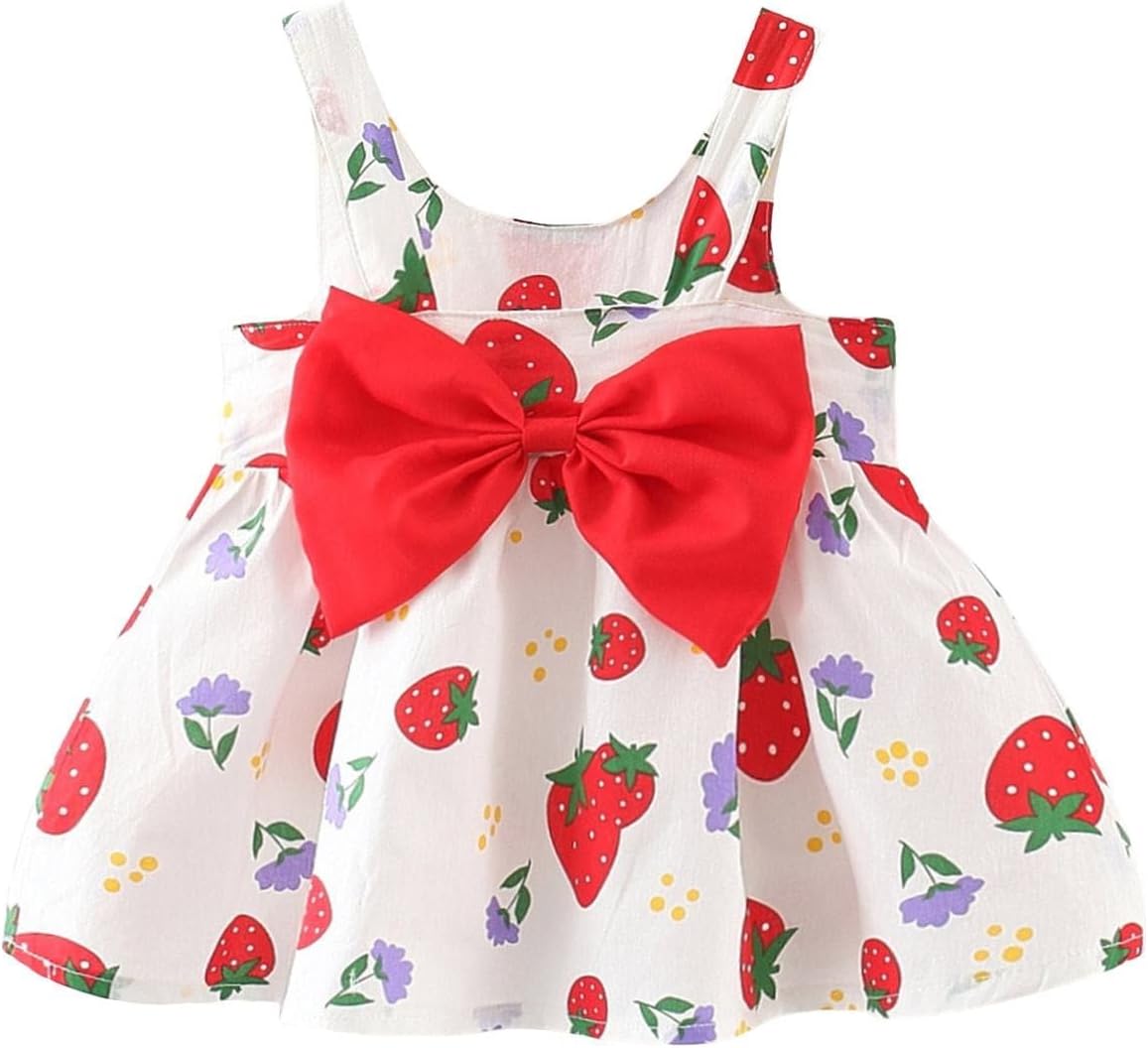 Baby Girls Floral Dress Sleeveless Rose Print Dresses Oversized Bow Wide Strap Sundress Cute Jumper Dress Princess Gown