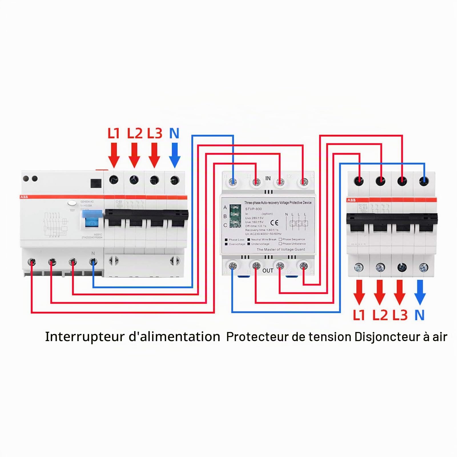 STVP 932 Stabilisateur de Tension Triphasé 80A Protecteur de Tension Réglable avec Écran LCD Relais de Protection Automatique contre les Surtensions et les Baisses de Tension