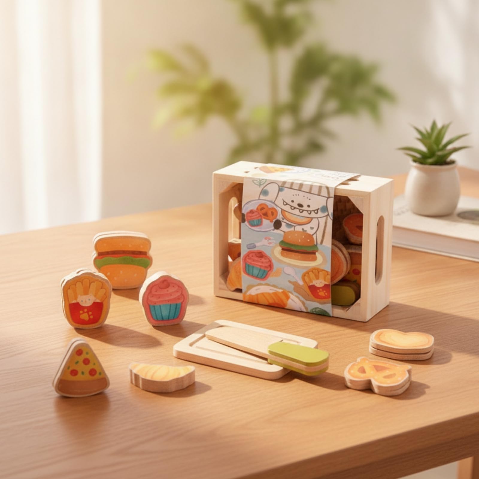 Sharplace Children Kitchen Playthin Kit de Alimentos de Madera Juguete de Cocina para Niños Caja Sólida con Tapa Ilustrada Cuchillo Juguete Piezas de Comida, Postres