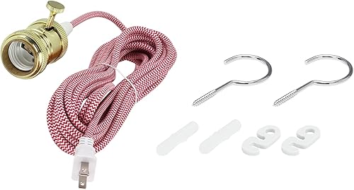 Aspen Creative 21007-2, 1 luz enchufable estilo vintage colgante con enchufe de latón pulido y 20 pies de cable textil rojo y blanco e interruptor