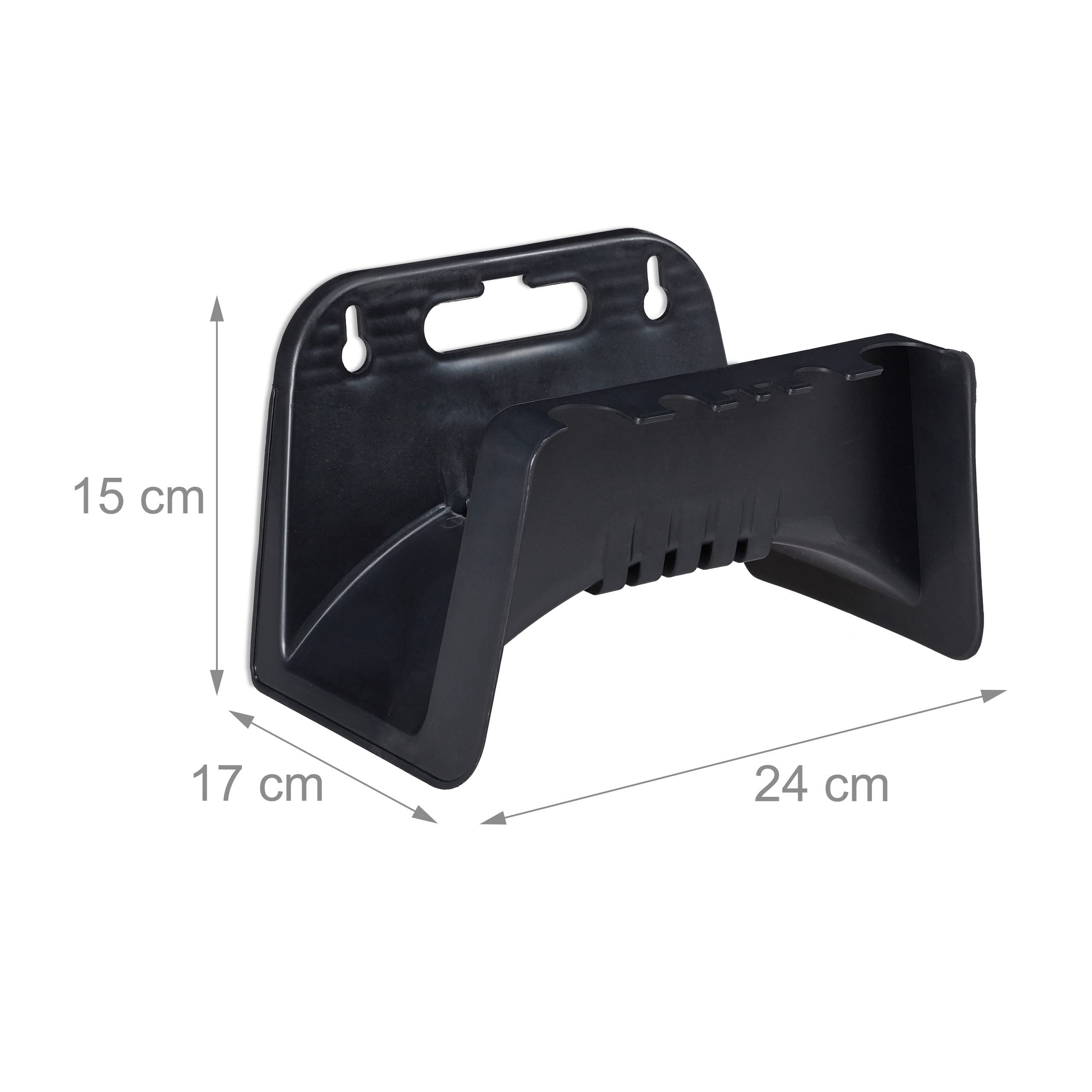Relaxdays Soportes Manguera Pared, Set de 2 Uds., para Mangueras de 10 m, Portamangueras, Plástico, 15x24x17 cm, Negro