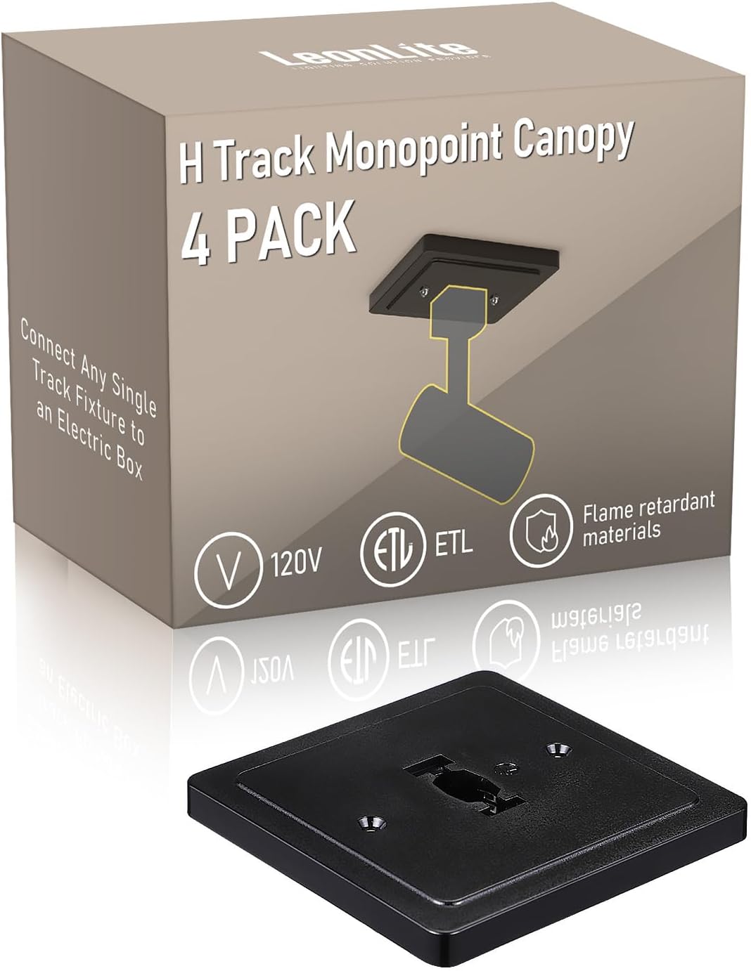 LEONLITE H Track Monopoint Canopy, Convert Track Fixtures and Pendants into Monopoints, ETL Listed, Flame Retardant Material, 120V, for H Type Track Lighting System, Black, Pack of 4
