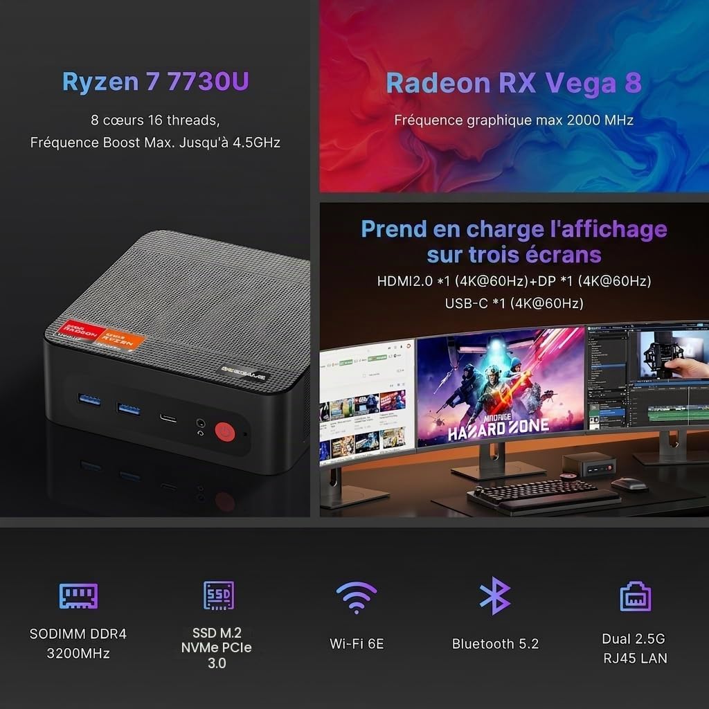 BOSGAME P4 Ultra Windows 11 Pro Business Mini PC AMD Ryzen 7 7730U, 8 cœurs, 16 Threads, jusqu'à 4,5 GHz, 16 Go de RAM DDR4, SSD 1 to, Triple écran 4K@60Hz, HDMI, Type-C, USB3.2, LAN, Wi-FI 6E, BT5.2