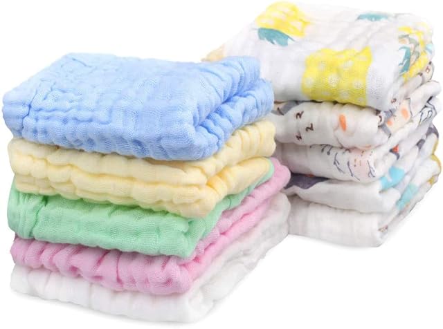 RONGRONG 10 Packs Baby Muslin Washcloths, 30*30 cm 6 Layers Cotton Baby Muslin Squares, Reusable Soft Natural Organic Cotton Face Towels For Baby Wiping Bathing Feeding Towel (Random Color & Patterns)