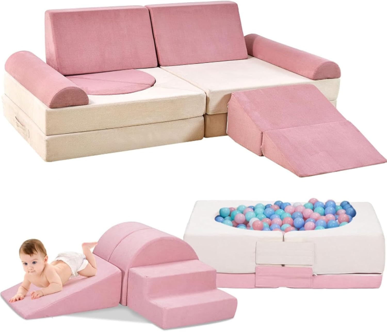 Modular Kids Play Couch & Foam Climbing Blocks Combo Set, Ultimate Convertible Indoor Play Furniture for Toddlers and Creative Boys & Girls (Ball Pit Compatible)